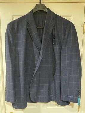 Stafford Big & Tall Navy Sport Coat with Brown Windowpane 56 Regular NWT